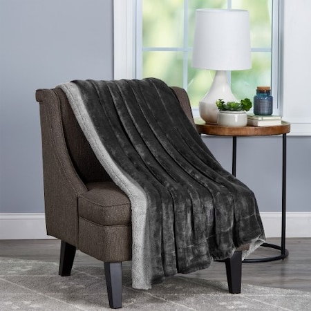 Hastings Home Poly Fleece Sherpa, Oversized Plush Woven Polyester Solid Color Throw, Breathable, Raven and Stone 137042PSJ